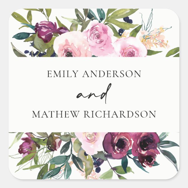 BRIGHT WHITE BLUSH BURGUNDY FLORAL BUNCH WEDDING SQUARE STICKER (Front)
