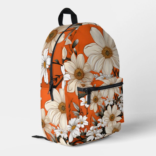 Bright White Daisies in Vibrant Orange Printed Backpack (Back Corner Left)