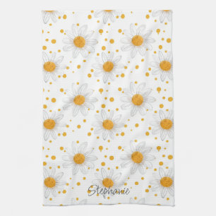 Bright White Daisies with Yellow Centres Tea Towel