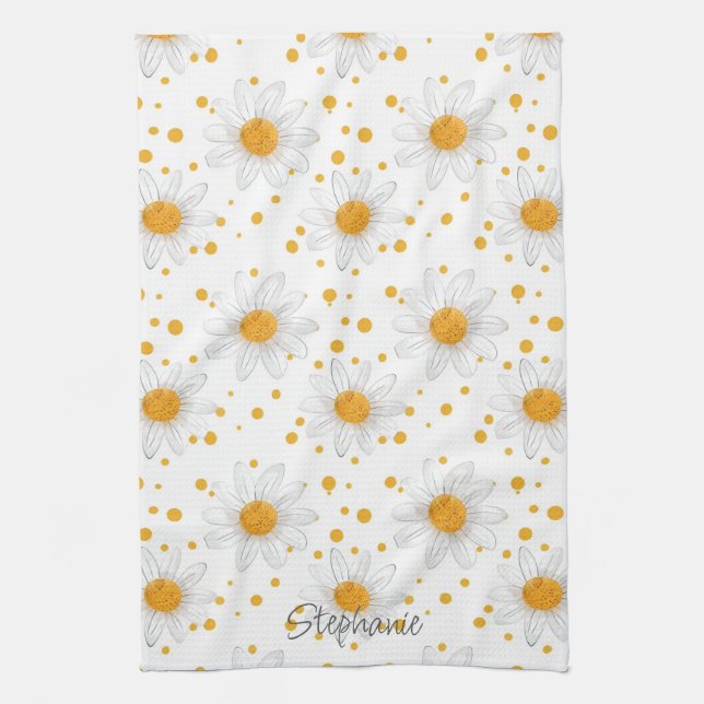 Bright White Daisies with Yellow Centres Tea Towel (Vertical)