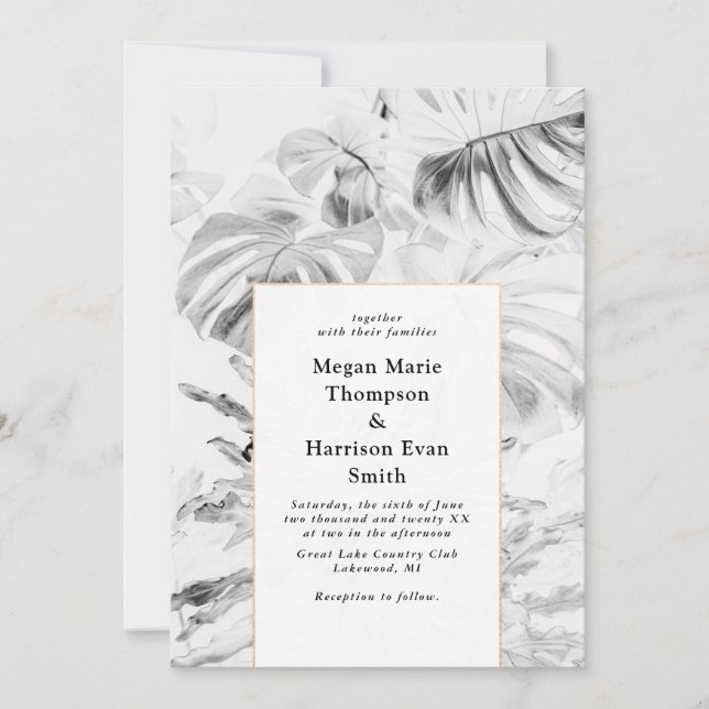 Bright White Tropical Monstera Wedding Invitation (Front)