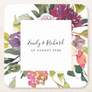 BRIGHT WHITE YELLOW BLUSH BURGUNDY FLORAL BUNCH SQUARE PAPER COASTER
