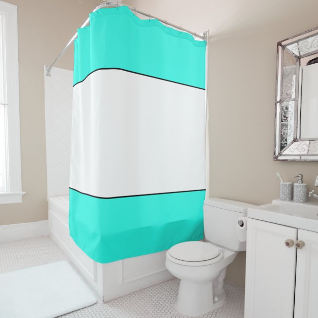 Bright Wide White Aqua Nautical Summer Stripes Shower Curtain (In Situ)