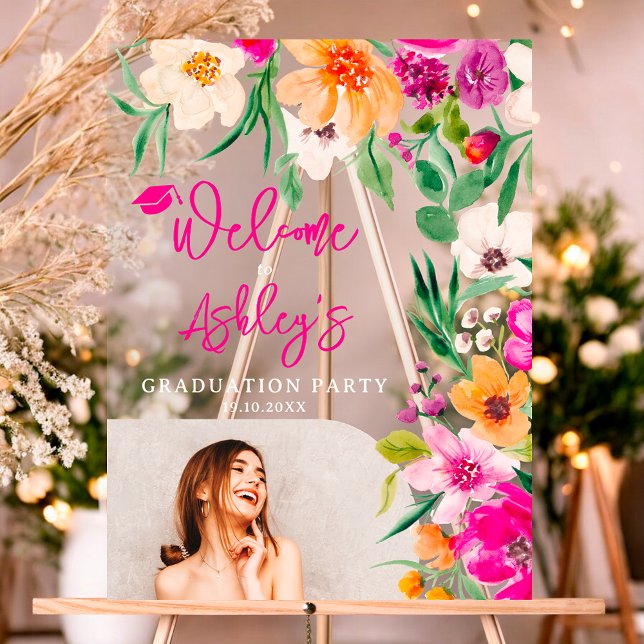 Bright wild flowers photo graduation welcome acrylic sign (Bright wild flowers photo graduation welcome acrylic sign)