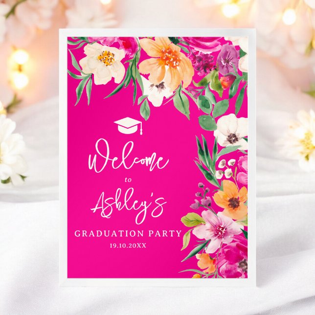 Bright wild flowers pink graduation welcome poster (Bright wild flowers pink graduation welcome poster)