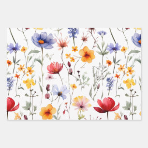 Bright Wildflower Meadow in Watercolor Pastel Tone Wrapping Paper Sheet