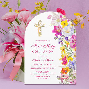 Bright Wildflowers Arch First Communion Invitation