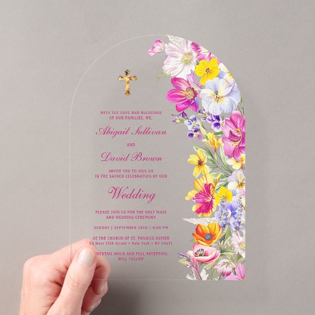Bright Wildflowers Arch Religious Wedding Acrylic Invitations (Insitu (Handheld))