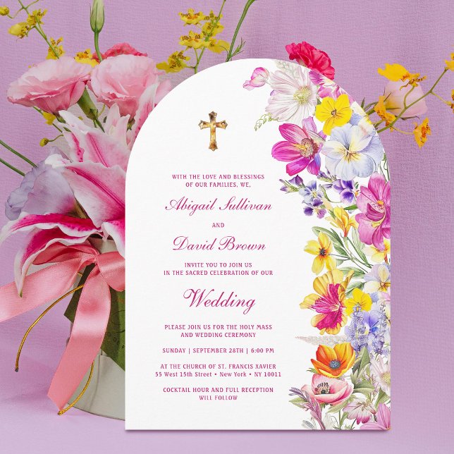 Bright Wildflowers Arch Religious Wedding Invitation (Creator Uploaded)
