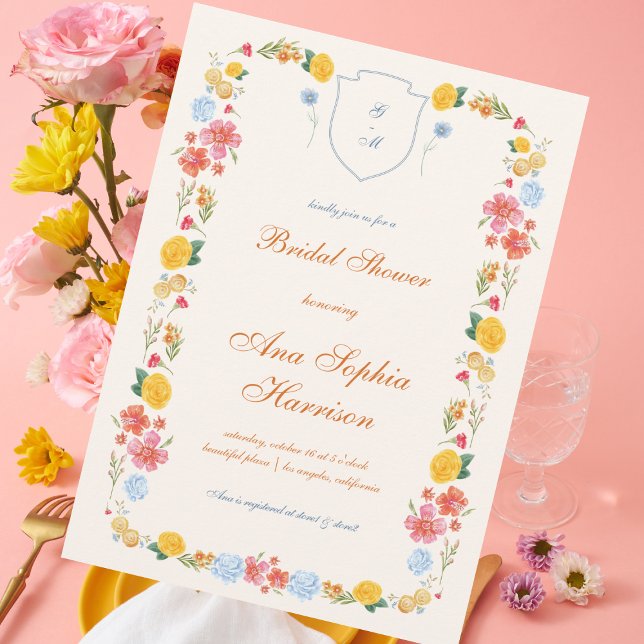 Bright Wildflowers Crest Monogram Bridal Shower Invitation (Creator Uploaded)
