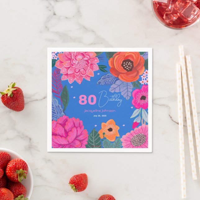 Bright Wildflowers Pink Blue Birthday party Napkin (Insitu)