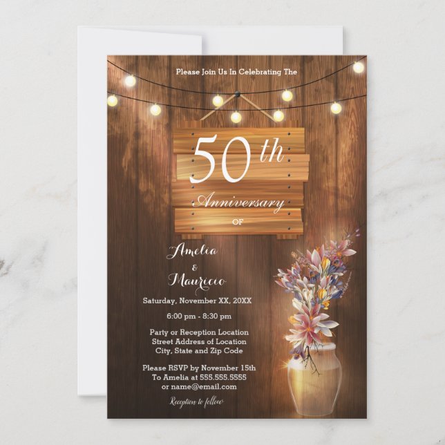 Bright wooden 50th Wedding Anniversary Invitation (Front)