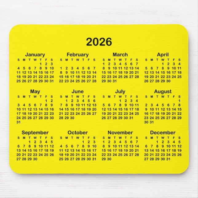 Bright Yellow and Black 2026 Calendar Mouse Mat (Front)