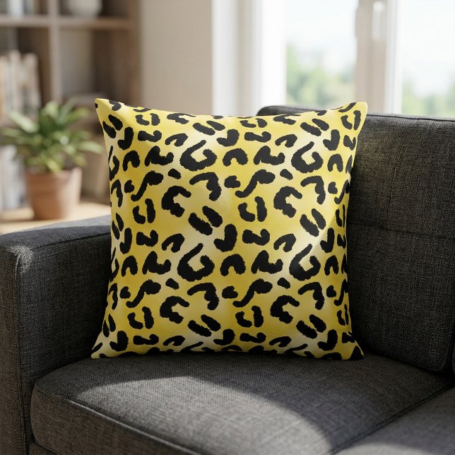 Bright Yellow and Black Leopard Print Throw Pillow (Animal Print Pillow)