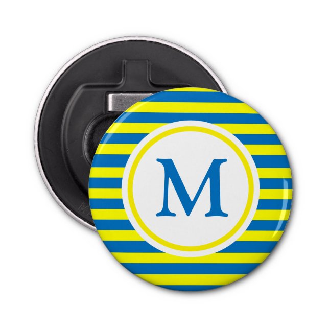 Bright Yellow and Blue Stripes Monogram Bottle Opener (Front)