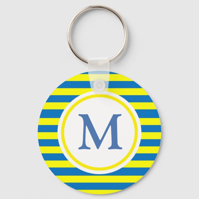 Bright Yellow and Blue Stripes Monogram Key Ring (Front)