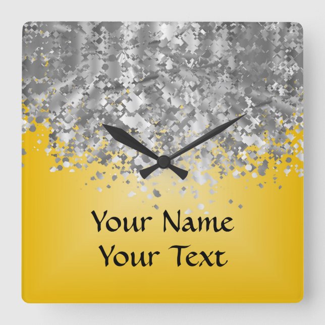 Bright yellow and faux glitter square wall clock (Front)