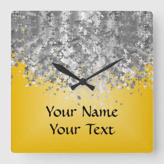 Bright yellow and faux glitter square wall clock