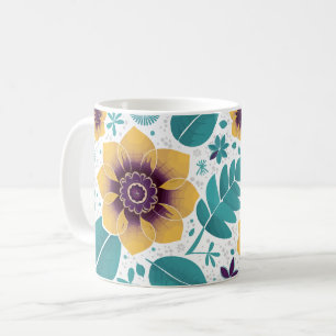 Bright Yellow and Teal Floral on White Background Coffee Mug