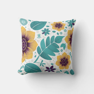 Bright Yellow and Teal Floral on White Background Cushion