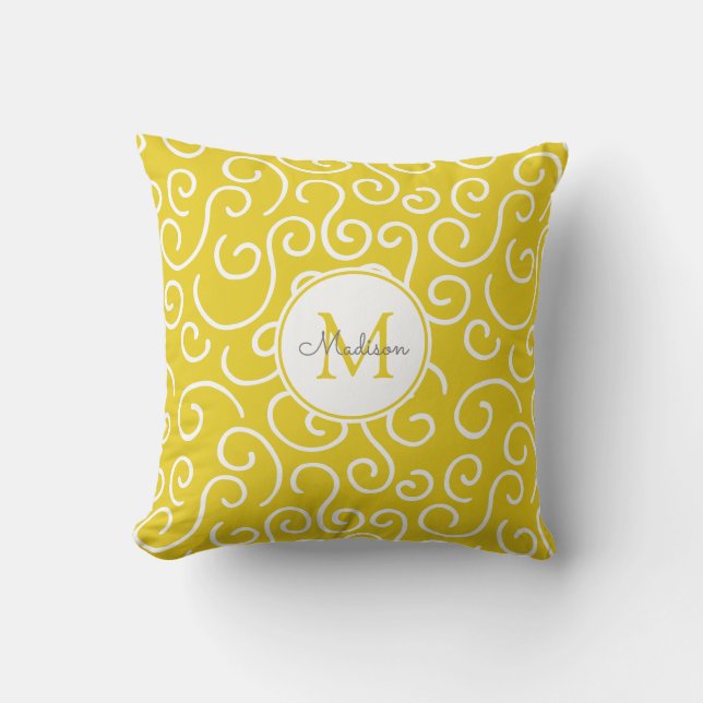 Bright Yellow and White Pattern with Monogram Cushion (Front)