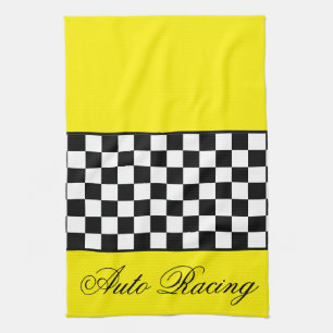 Bright Yellow Auto Racing Theme Shop Tea Towel