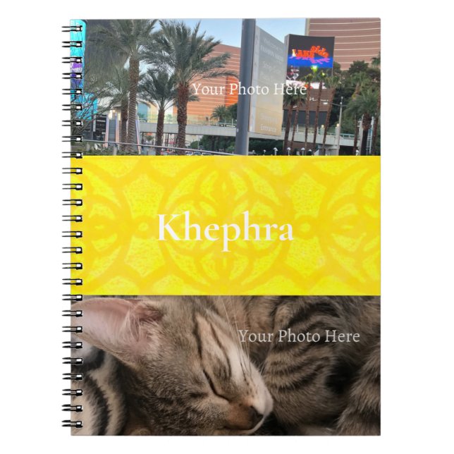 Bright Yellow Batik Name and Photo Collage Notebook (Front)