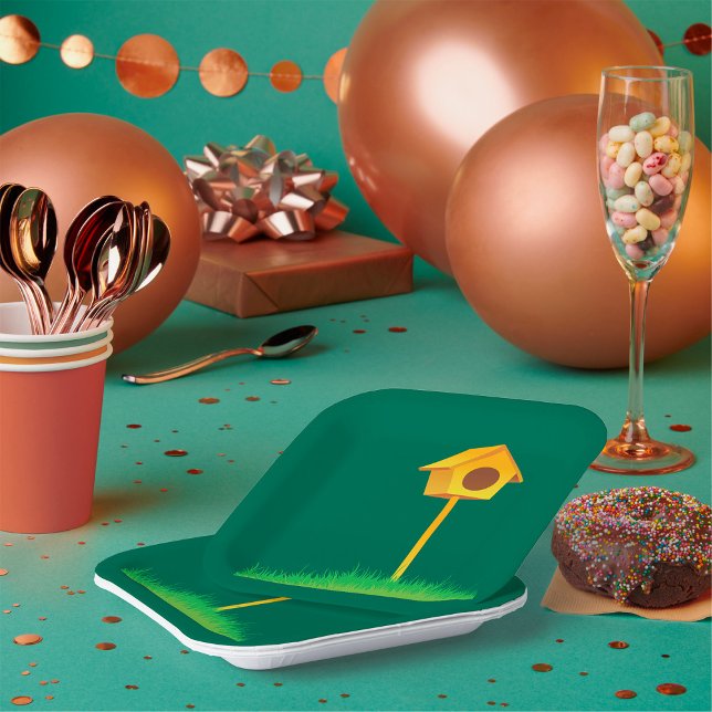 Bright Yellow Birdhouse on Grass Paper Plate (Creator Uploaded)