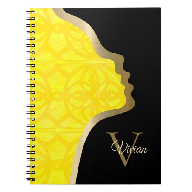 Bright Yellow Black And Gold Face Notebook (Front)