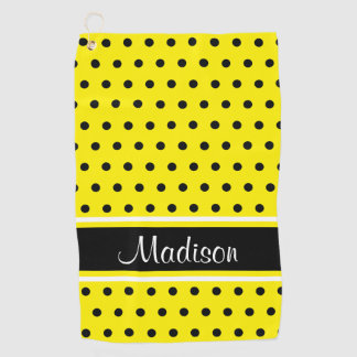 Bright Yellow Black Polka Dot Stripe Script Name Golf Towel