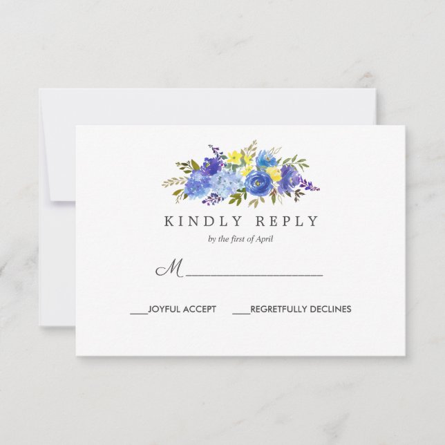 Bright Yellow Blue Floral Wedding  Response Rsvp (Front)
