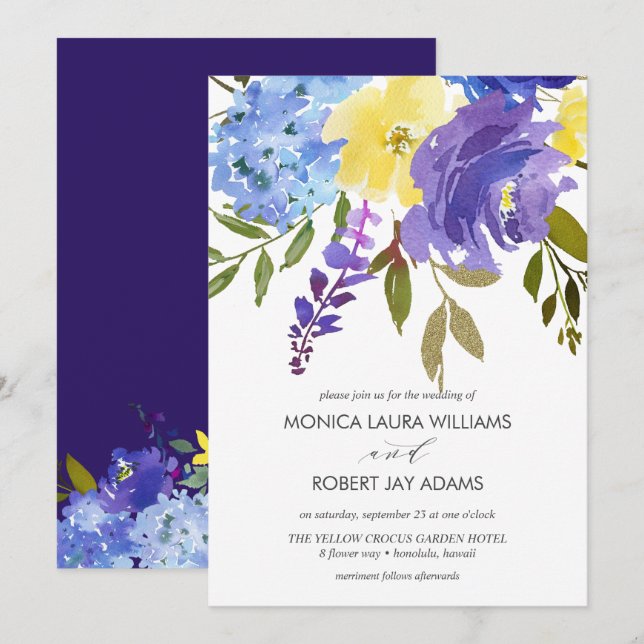 Bright yellow blue flowers invitation (Front/Back)