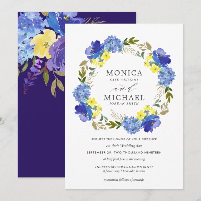 Bright yellow blue flowers wreath wedding invitation (Front/Back)