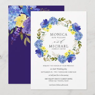 Bright yellow blue flowers wreath wedding invitation