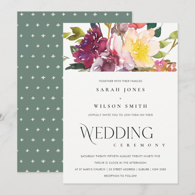 BRIGHT YELLOW BLUSH BURGUNDY FLORAL BUNCH WEDDING INVITATION (Front/Back)