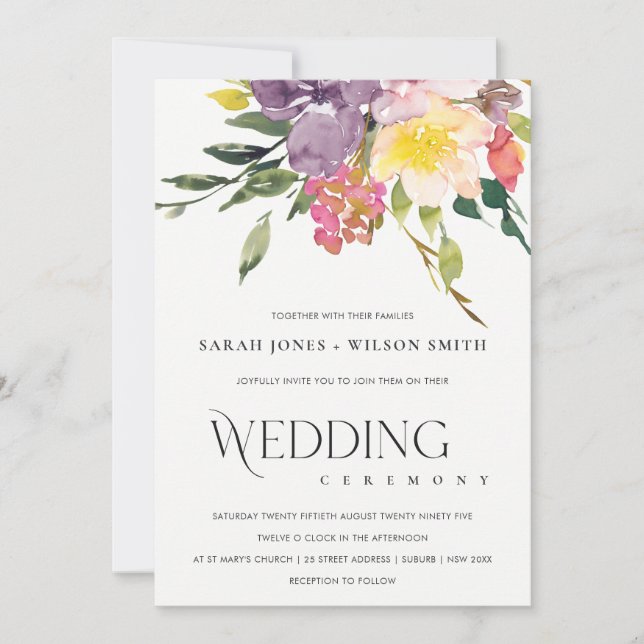 BRIGHT YELLOW BLUSH BURGUNDY FLORAL BUNCH WEDDING INVITATION (Front)