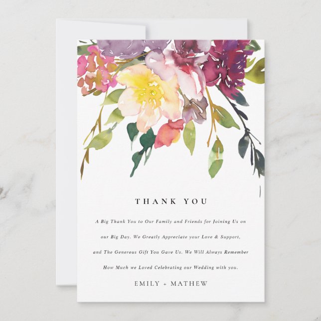 BRIGHT YELLOW BLUSH BURGUNDY FLORAL BUNCH WEDDING THANK YOU CARD (Front)