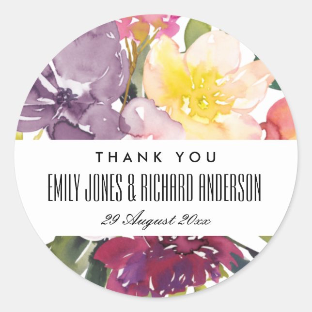 BRIGHT YELLOW BLUSH BURGUNDY FLORAL THANK YOU CLASSIC ROUND STICKER (Front)