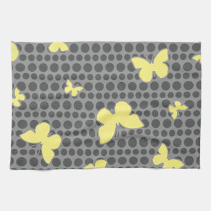 Bright Yellow Butterflies on Grey Tea Towel