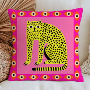 Bright Yellow Cheetah on Pink Evil Eyes Funky Cushion
