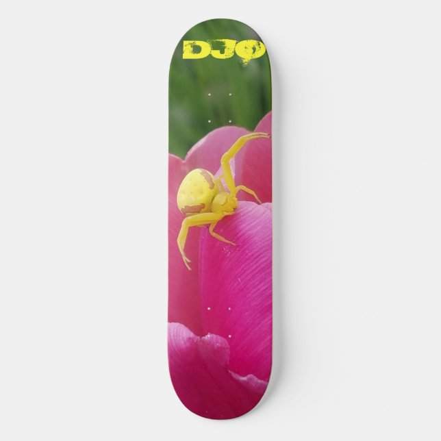 Bright Yellow Crab Spider  Pink Flower  initials Skateboard (Front)