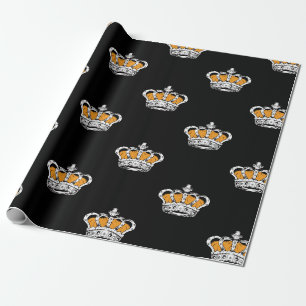 Bright Yellow Crown Pattern on Bold Black Back Wrapping Paper