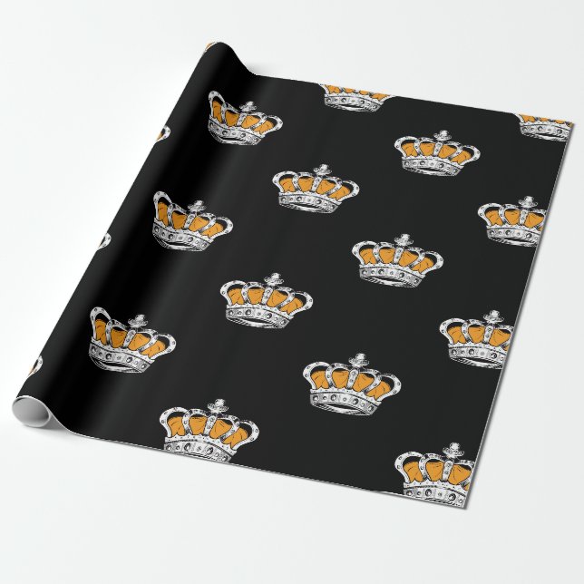 Bright Yellow Crown Pattern on Bold Black Back Wrapping Paper (Unrolled)