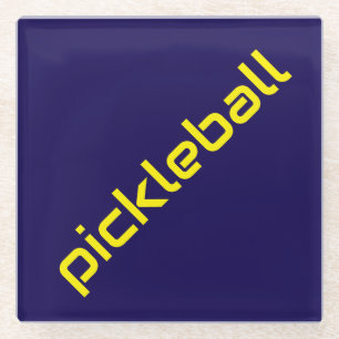 Bright Yellow Diagonal PICKLEBALL On Royal Navy Glass Coaster