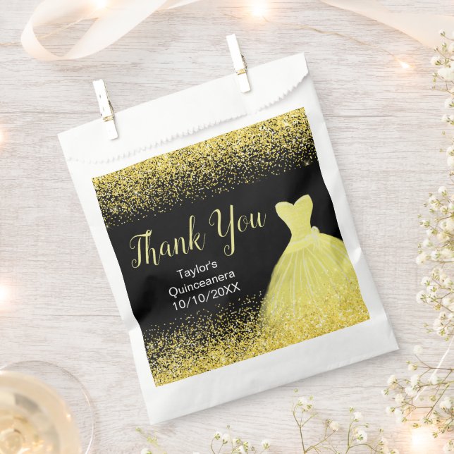 Bright Yellow Dress Faux Glitter Quinceanera Favour Bags (Clipped)