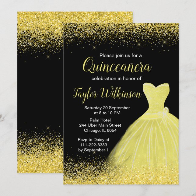 Bright Yellow Dress Faux Glitter Quinceanera Invitation (Front/Back)