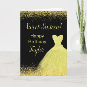 Bright Yellow Dress Faux Glitter Sweet 16 Birthday Card