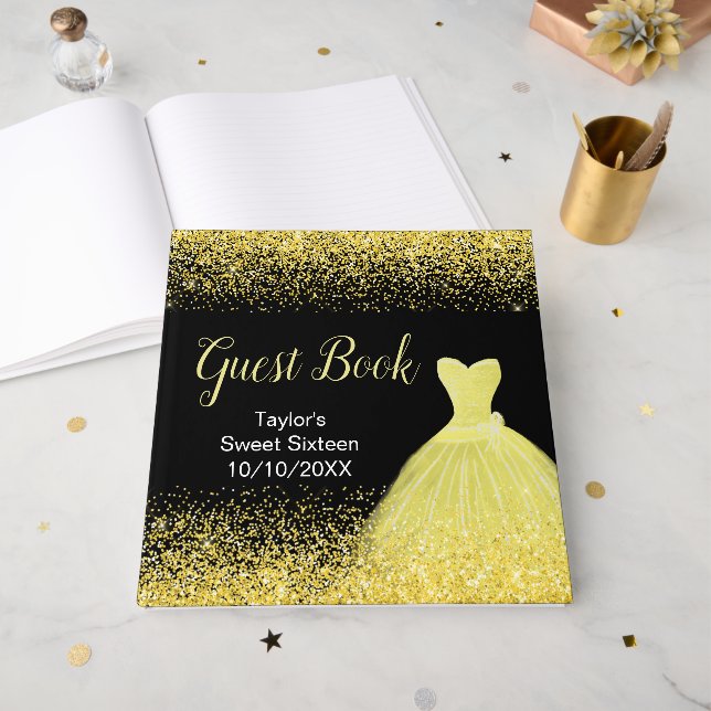 Bright Yellow Dress Faux Glitter Sweet 16 Birthday Guest Book (Front Open)