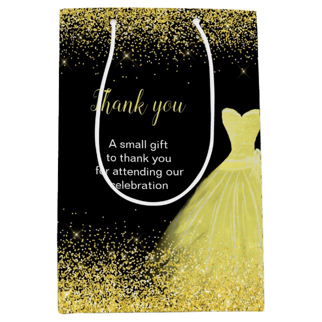 Bright Yellow Dress Faux Glitter Sweet 16 Birthday Medium Gift Bag (Front)
