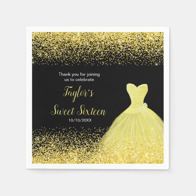 Bright Yellow Dress Faux Glitter Sweet 16 Birthday Napkin (Front)
